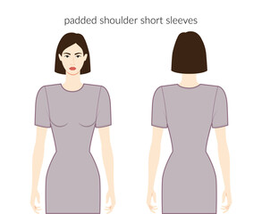 Padded shoulder sleeves short length clothes character beautiful lady in grey top, shirt, dress technical fashion illustration, fitted. Flat apparel template front, back. Women, men unisex CAD