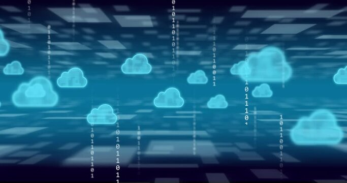 Animation of clouds icons with data processing over binary coding