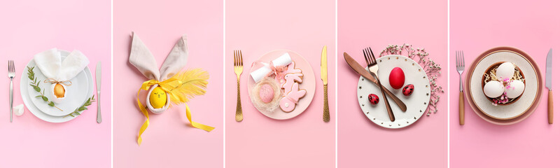 Collage of festive table settings for Easter dinner on pink background