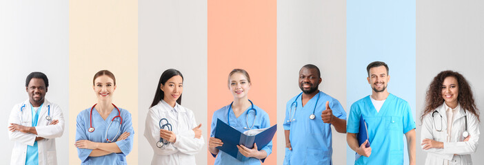 Collage with many doctors on color background