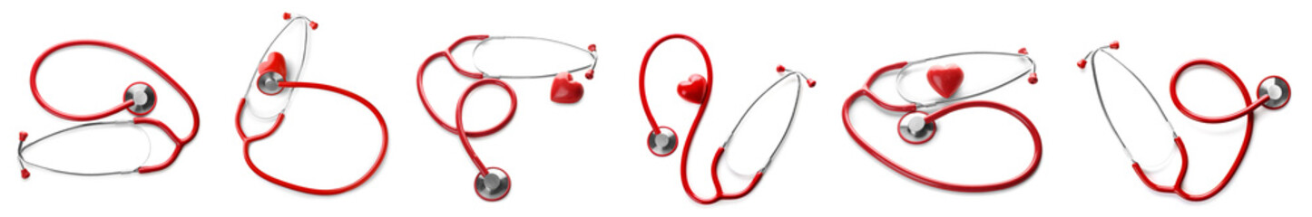 Set of stethoscopes with red hearts on white background. Health care concept