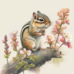 A watercolor painting of a charming little chipmunk nibbling on a nut Generative Ai