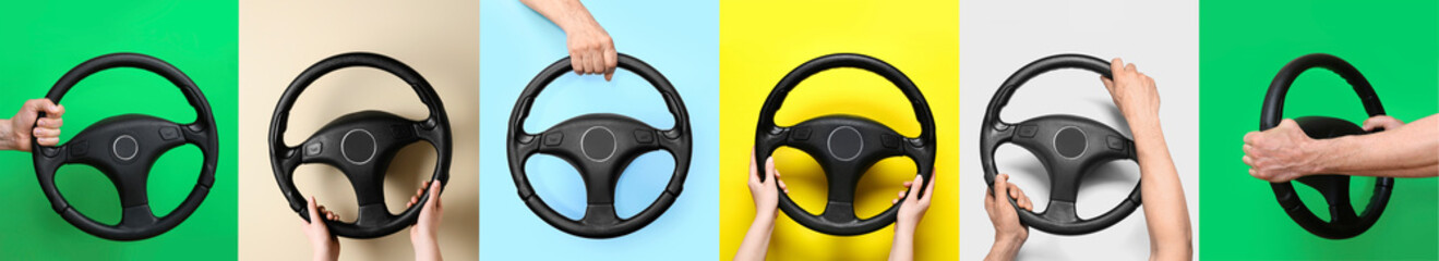 Collage with hands holding steering wheels on color background