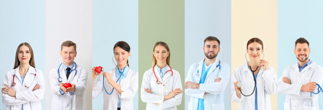 Collage with many doctors on color background