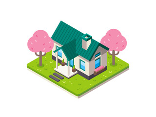 Illustration of Small House in Isometric View