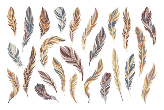 Set of animals feathers. Colorful stickers with boho indian bird feathers with tribal ornament. Ethnic rustic decorations or accessories. Cartoon flat vector collection isolated on white background