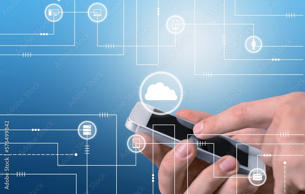 Poster a person use phone with connecting computing technology