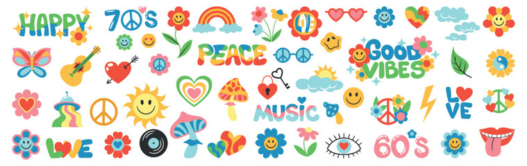 Set of groove psychedelic elements. Retro stickers with mushrooms, peace signs, inscriptions and flowers. Hipster icons in seventies style. Cartoon flat vector collection isolated on white background