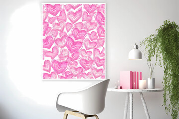 Girl room decoration in white color, with cute image hanging, chair, table, candles, lamp, and plant. Illustration. Generative AI