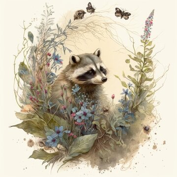 A watercolor painting of a curious little raccoon peeking out from behind a tangle of vines and wildflowers Generative Ai