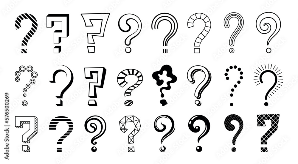 Poster set of different hand drawn question marks. icons with punctuation mark expressing question and misu