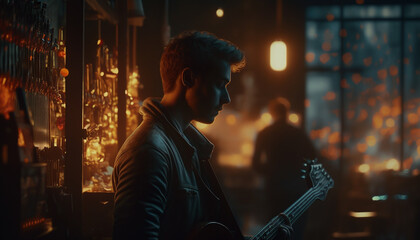 Obraz na płótnie Canvas a man playing a guitar, in a blurred dark background, generative ai