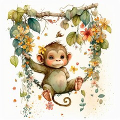 A watercolor portrait of a mischievous little monkey swinging from a branch adorned with colorful flowers and leaves Generative Ai
