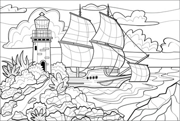 Design for coloring book. Beautiful landscape with sailing ship in ocean and rock with lighthouse. Antistress entertainment for kids and adults. Linear simple vector illustration in Zen tangle style