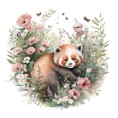 A watercolor depiction of a fluffy little red panda nestled among a bed of soft pink flowers and lush green leaves Generative Ai