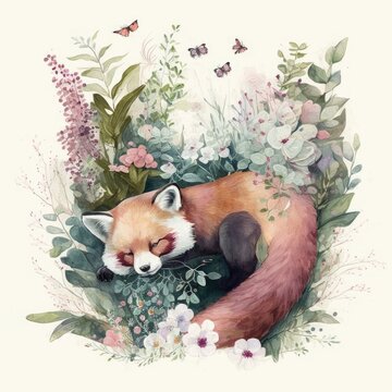 A watercolor depiction of a fluffy little red panda nestled among a bed of soft pink flowers and lush green leaves Generative Ai