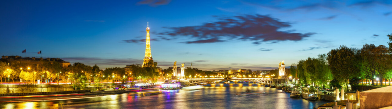 Paris at dusk. Panorama of river Seine