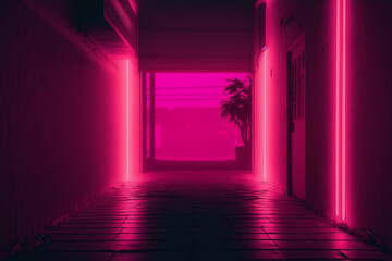 Pink neon haze, interior design. Wallpaper Aesthetic. Illustration. Generative AI