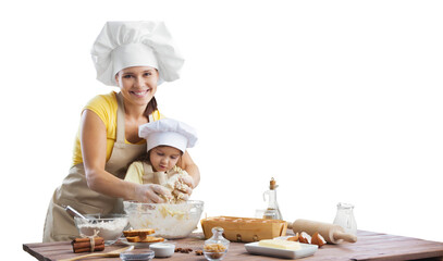 Happy loving mother and child cooking are preparing bakery