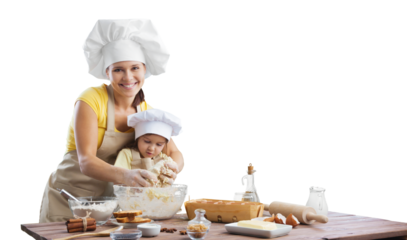 Happy loving mother and child cooking are preparing bakery