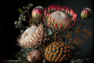 king proteas and pincushions created with generative AI technology