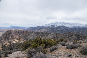 Desert landscape with mountain background and blue sky with white clouds
