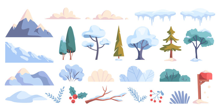 Winter landscape constructor set. Stickers with snowy hills or mountains, trees or branches with frost, frozen puddles. Environment in cold December. Cartoon flat vector collection isolated on white