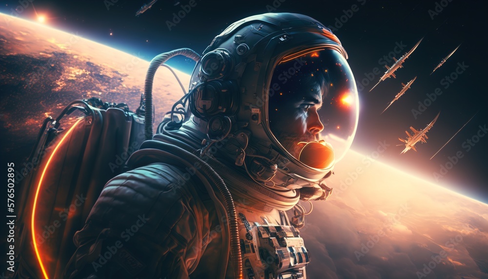 Wall mural astronaut illustration in space with cosmic light effects created with generative ai technology