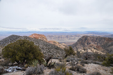 Desert landscape with mountain background and blue sky with white clouds