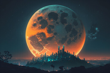 Full moon with city lights. Earth and moon. Wallpaper Aesthetic. Illustration. Generative AI