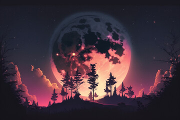 Fototapeta na wymiar A moon with beautiful sky and forest. Wallpaper Aesthetic. Illustration. Generative AI