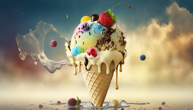 Ice cream with fruits. Background Generative AI.