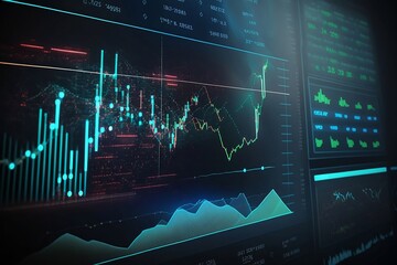 Cryptocurrency Technical Analysis Trading Candle Charts and Financial Graphs On A Digital Screen. Trading market and Economic Concept. Financial Crisis and Inflation. Modern AI Learning.


