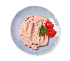 Plate with tasty pate and tomatoes on white background