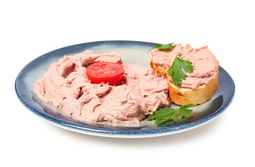 Plate with toasts and tasty pate on white background