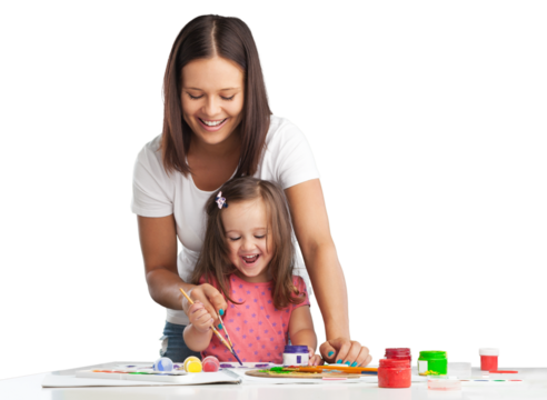 Happy mother and daughter painting