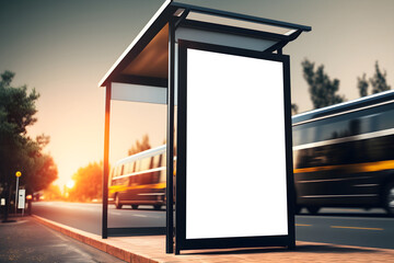 Modern Verticle Empty space Advertisement board, blank white signboard in city, Bus stand empty billboard during sunset, Marketing banner ad space in city, Advertisement billboard on bus stand 

