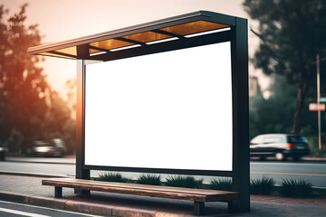 Fototapeta premium Empty space advertisement board, blank white signboard in sunset, Marketing banner ad space in city, generative ai, Advertisement billboard on bus stop in city 