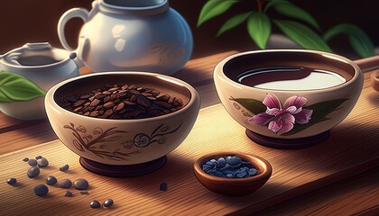 Obraz na płótnie Canvas Coffee bean and powder-filled bowls ready for a morning
