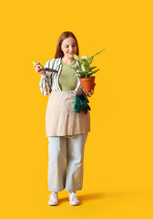 Young woman with shovel and green houseplant on yellow background