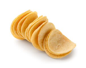 Stack of delicious potato chips isolated on white background