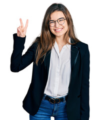Young caucasian girl wearing business style and glasses showing and pointing up with fingers number two while smiling confident and happy.