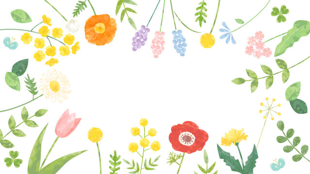 菜の花やチューリップやタンポポなどの春の花のフレーム　アスペクト比16：9バージョン