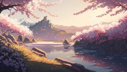 japanese village with church blossom trees wallpaper background illustration created with generative ai technology