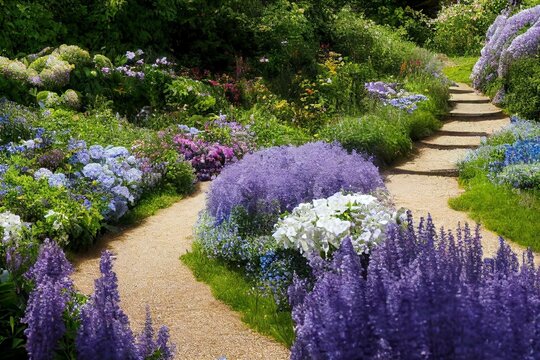 White and blue natural english cottage garden view with curvy pathway. Wooden archway with clematis, nepeta (catnip, catmint), stachys byzantina (lamb ears) and hydrangeas blooming in. Generative AI