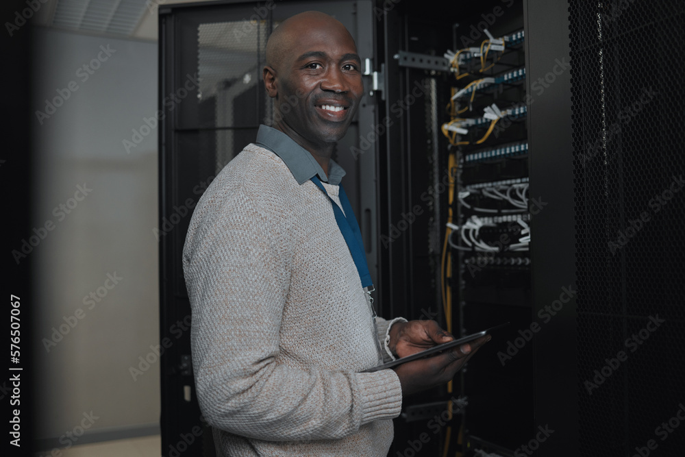 Poster Portrait, server room and IT black man on tablet for database connection cable, maintenance or software update. Cybersecurity, face and male coder with technology for networking in data center.