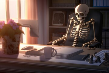 Exhausted Skeleton in Anime Office Environment, generative ai