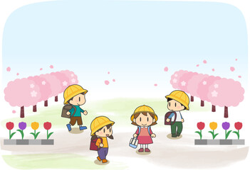 通学する小学生たちと桜並木とチューリップの背景