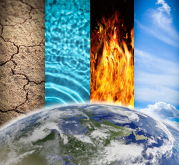 Set of four elements near globe. Earth, Water, Fire and Air