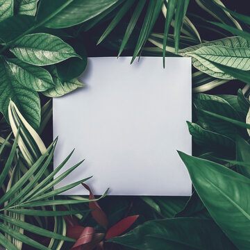 Creative tropical leaf mockup of tropical plants. Summer layout with a square card on top.